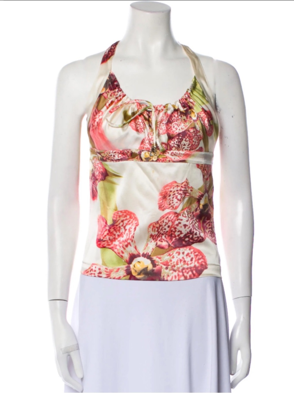 Roberto Cavalli 2004 Orchid Print / Floral Halter Silk Camisole